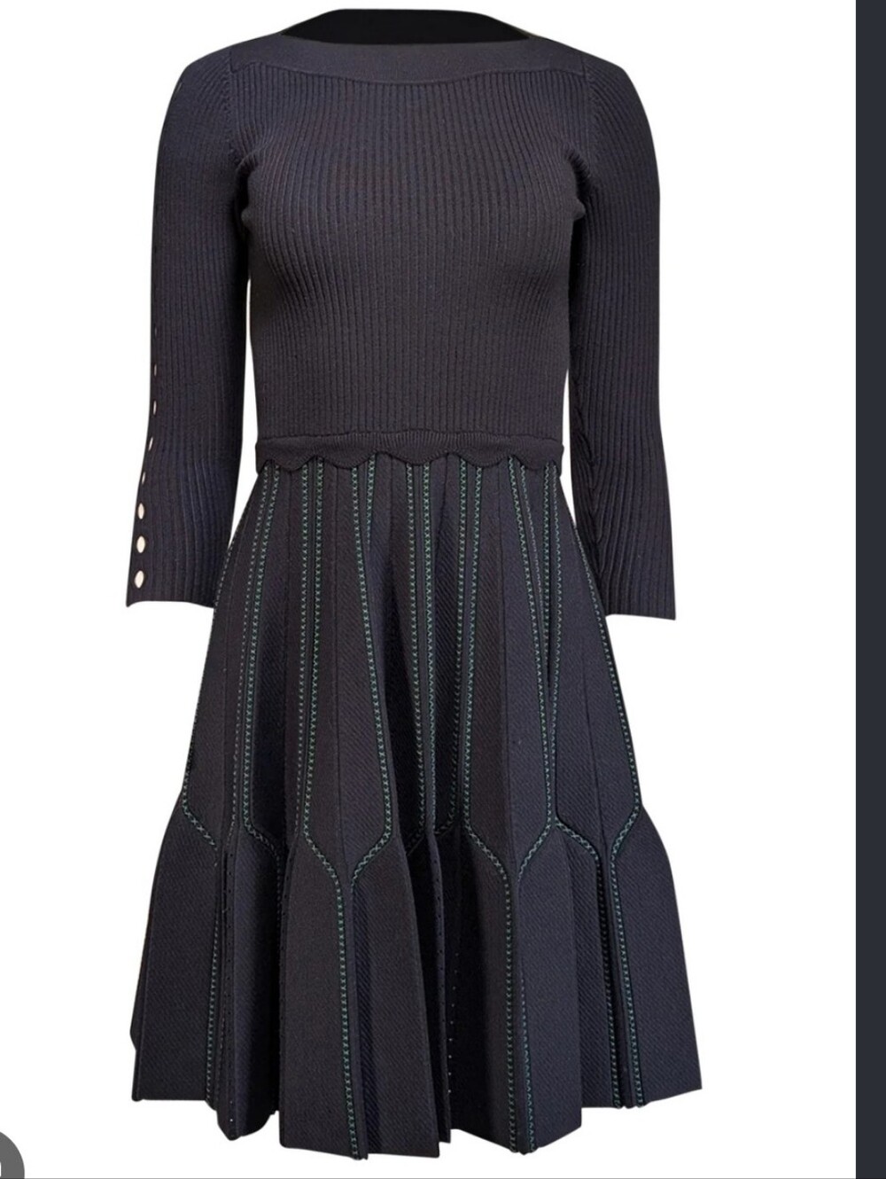 Sandro Black Ribbed Long-Sleeve Midi Dress with Paneled Skirt Size 38